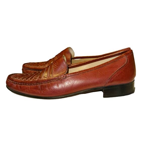 Freeman Loafers Red Brown Leather Woven Round Toe Slip On Shoes Men 10 Academia - Picture 1 of 11